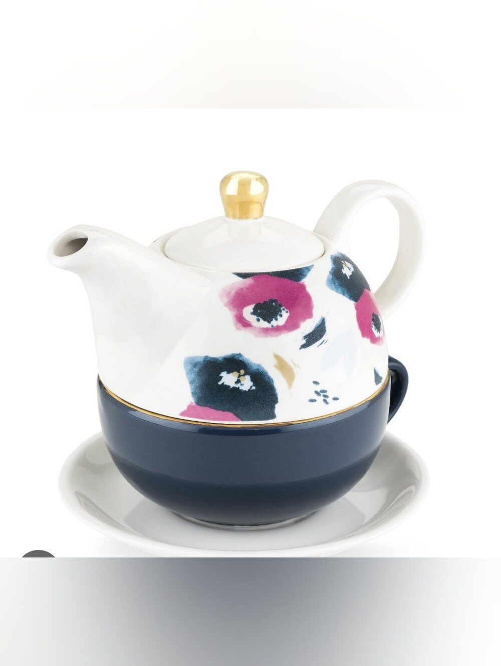 Pinky Up Never Used Floral Porcelain Tea for One Set With Gold Accents